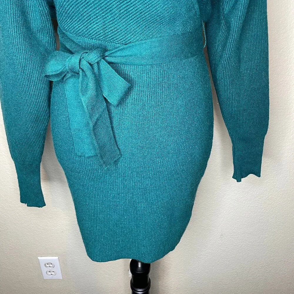 ZESICA Teal Ribbed Wrap Sweater Dress V-Neck Tie Waist Size S